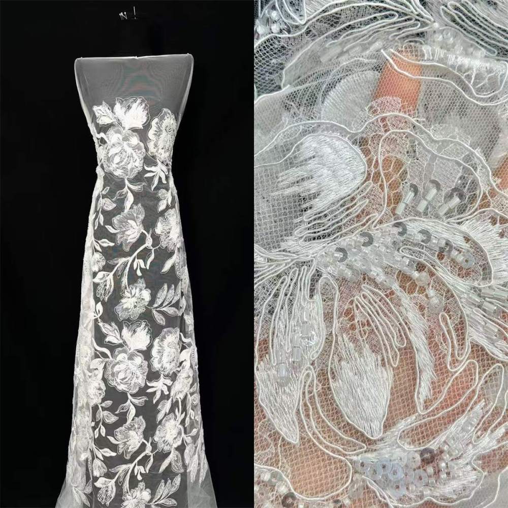 Bridal Lace Fabric - 5 Yards - Corded Embroidered Beaded Wedding Lace Fabric | SKU HN201