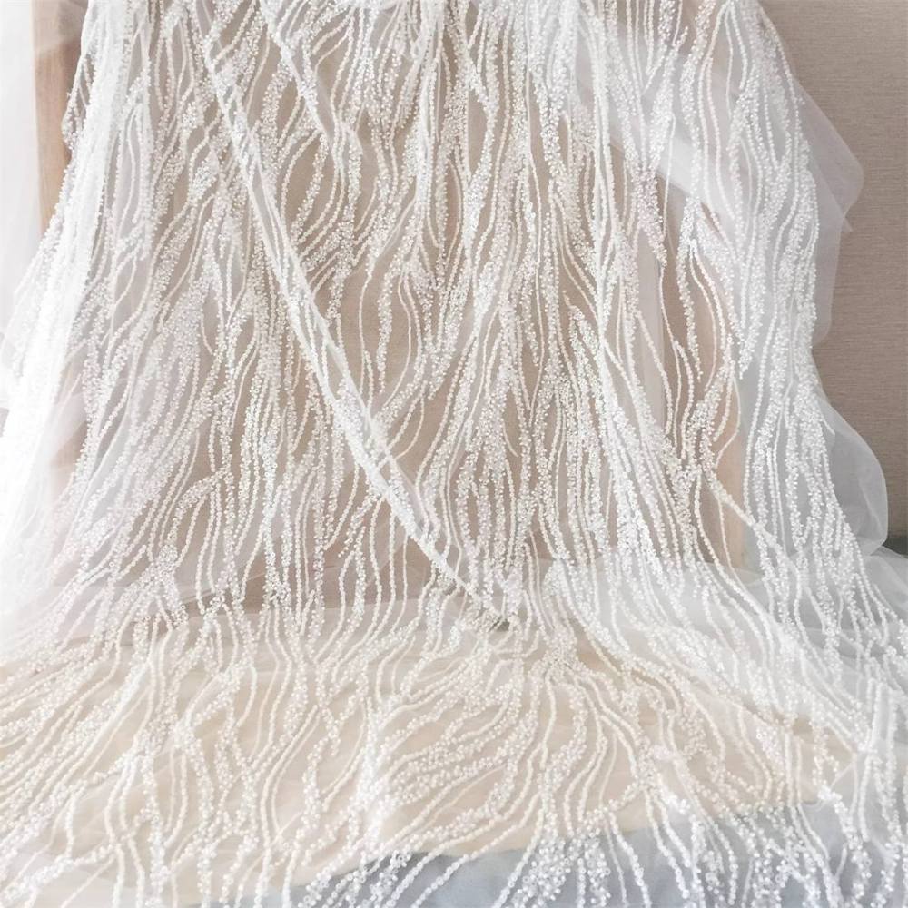 Bridal Lace Fabric - 1 Yard - Beaded Wedding Lace Fabric | COD SX118