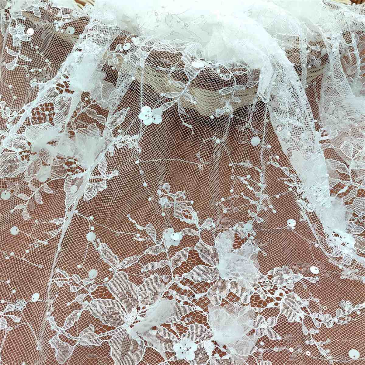 Bridal Lace Fabric - 5 Yards - Beaded Chantilly Wedding Lace Fabric | COD JS007