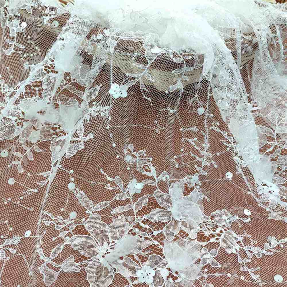 Bridal Lace Fabric - 5 Yards - Beaded Chantilly Wedding Lace Fabric | COD JS007