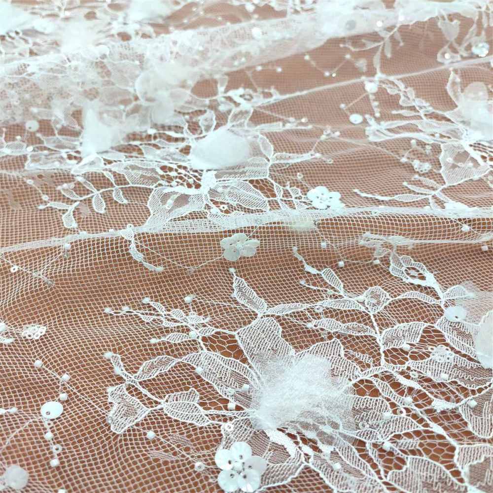 Bridal Lace Fabric - 5 Yards - Beaded Chantilly Wedding Lace Fabric | COD JS007