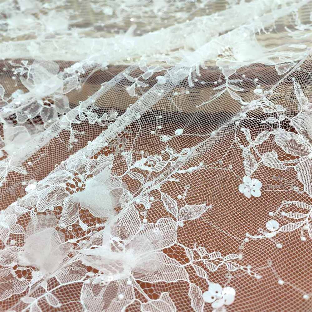 Bridal Lace Fabric - 5 Yards - Beaded Chantilly Wedding Lace Fabric | COD JS007