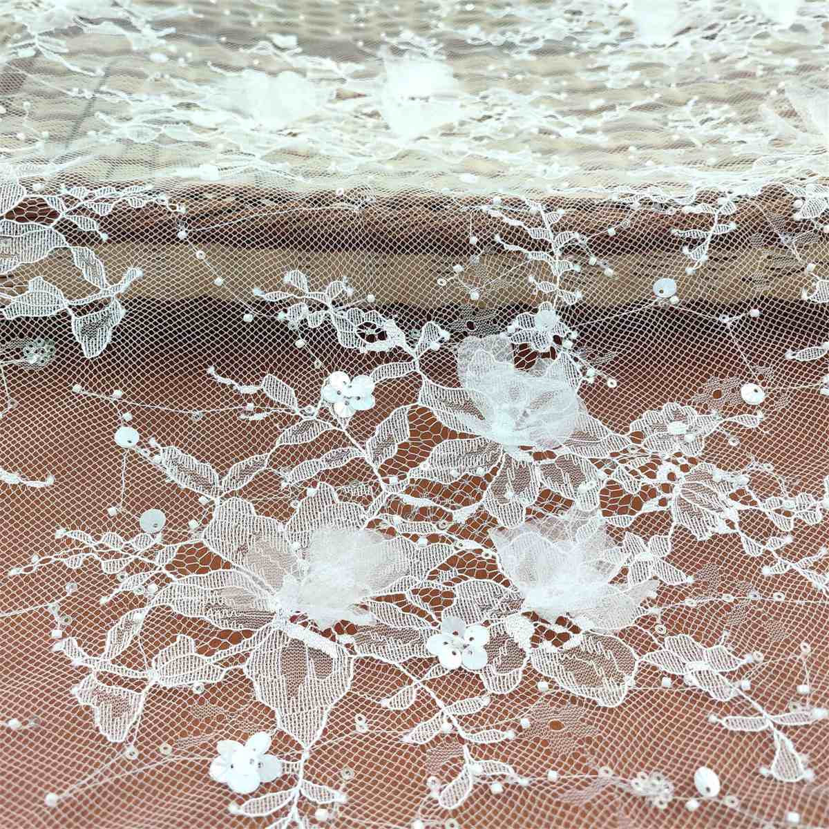 Bridal Lace Fabric - 5 Yards - Beaded Chantilly Wedding Lace Fabric | COD JS007