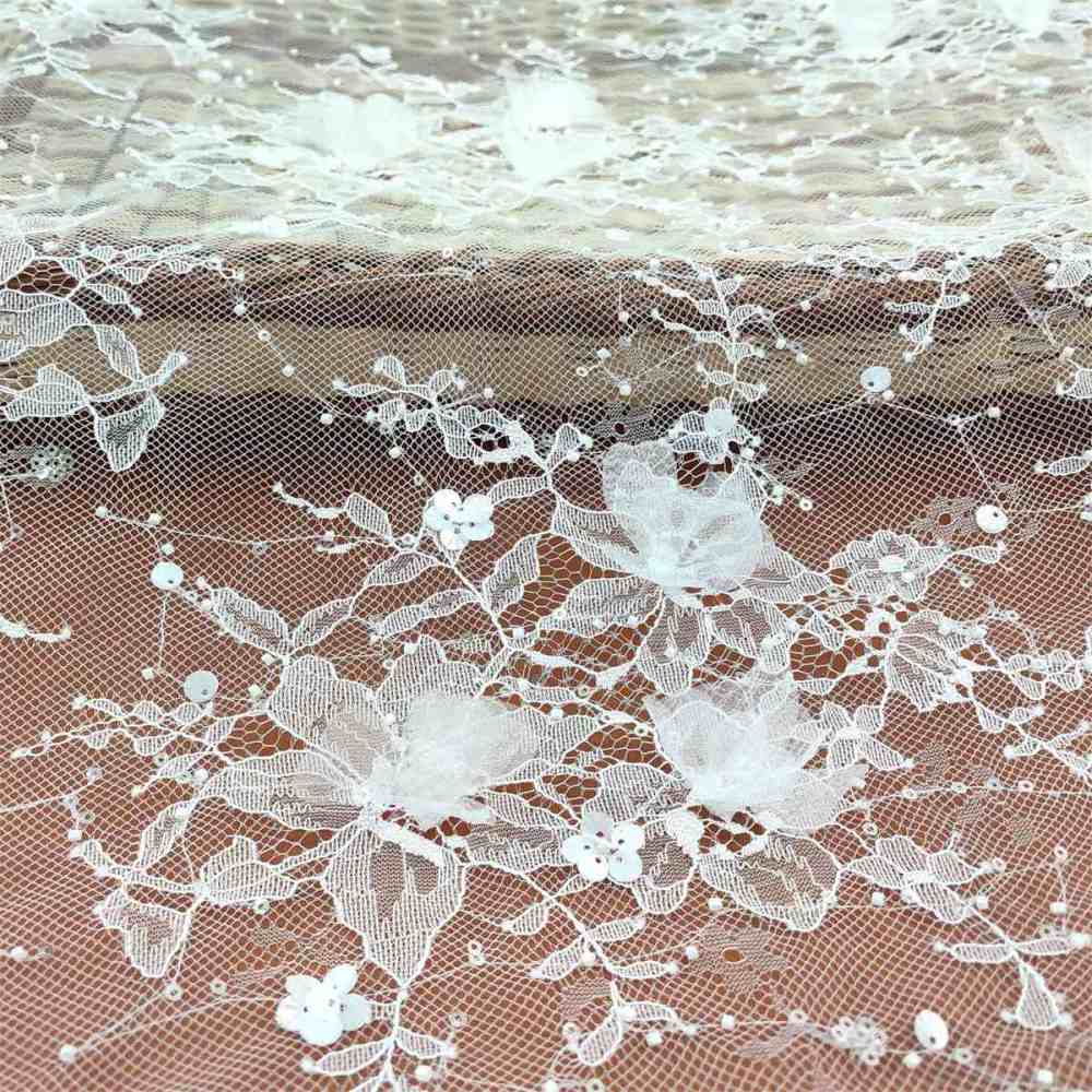 Bridal Lace Fabric - 5 Yards - Beaded Chantilly Wedding Lace Fabric | COD JS007