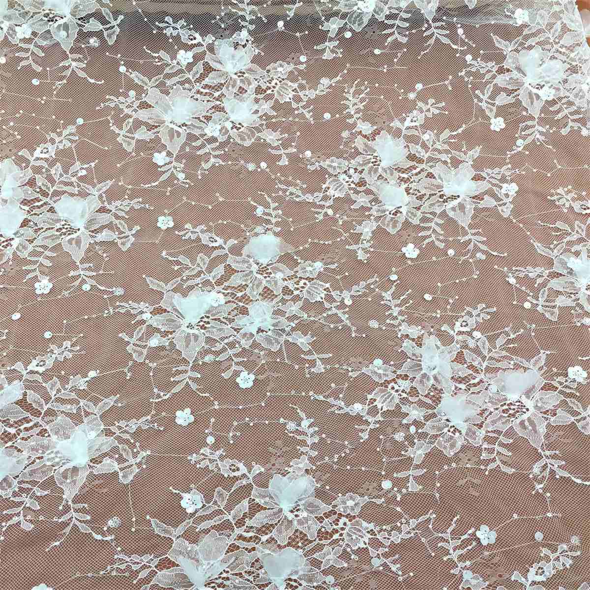 Bridal Lace Fabric - 5 Yards - Beaded Chantilly Wedding Lace Fabric | COD JS007