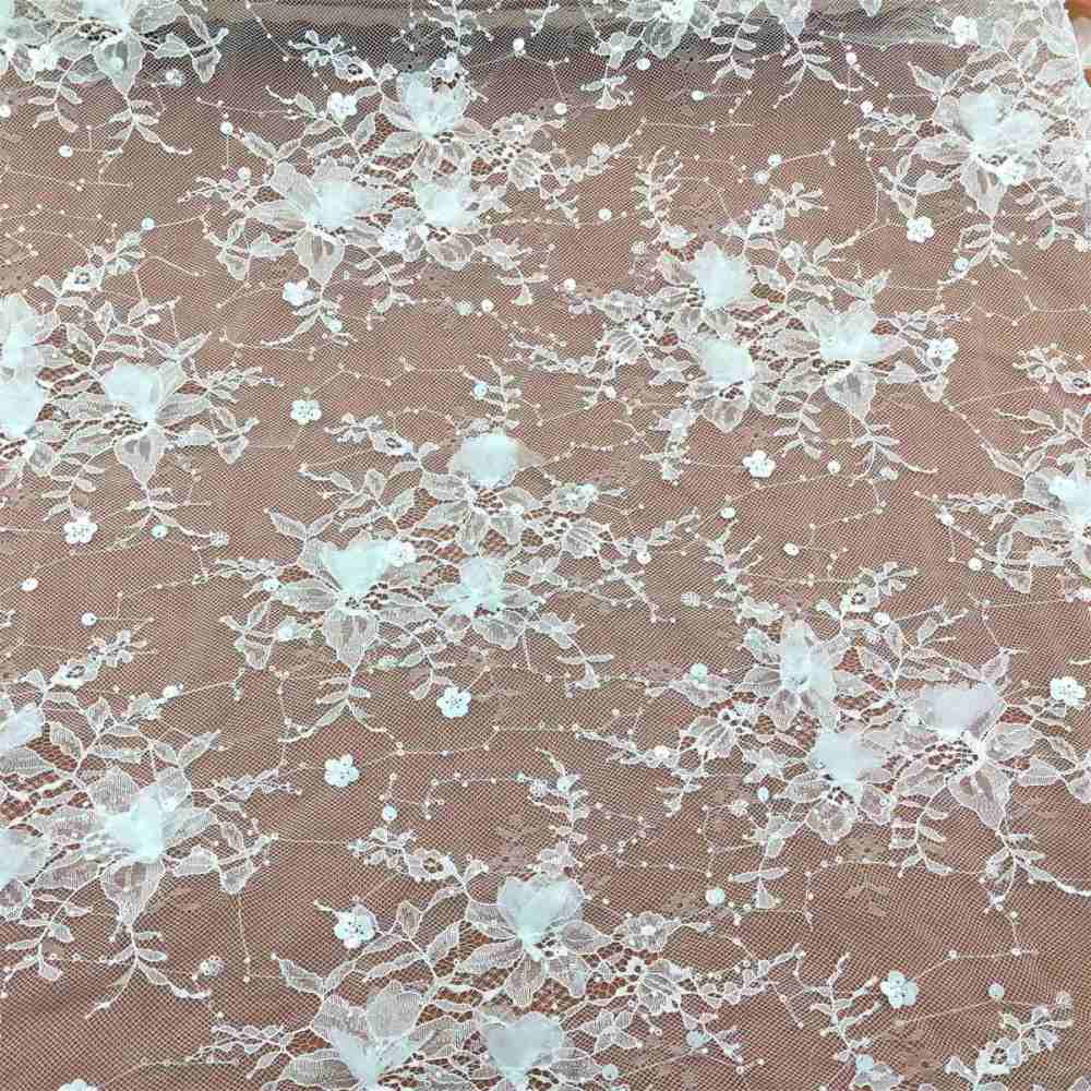 Bridal Lace Fabric - 5 Yards - Beaded Chantilly Wedding Lace Fabric | COD JS007