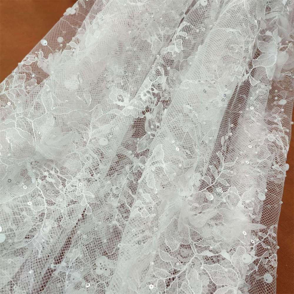 Bridal Lace Fabric - 5 Yards - Beaded Chantilly Wedding Lace Fabric | COD JS007