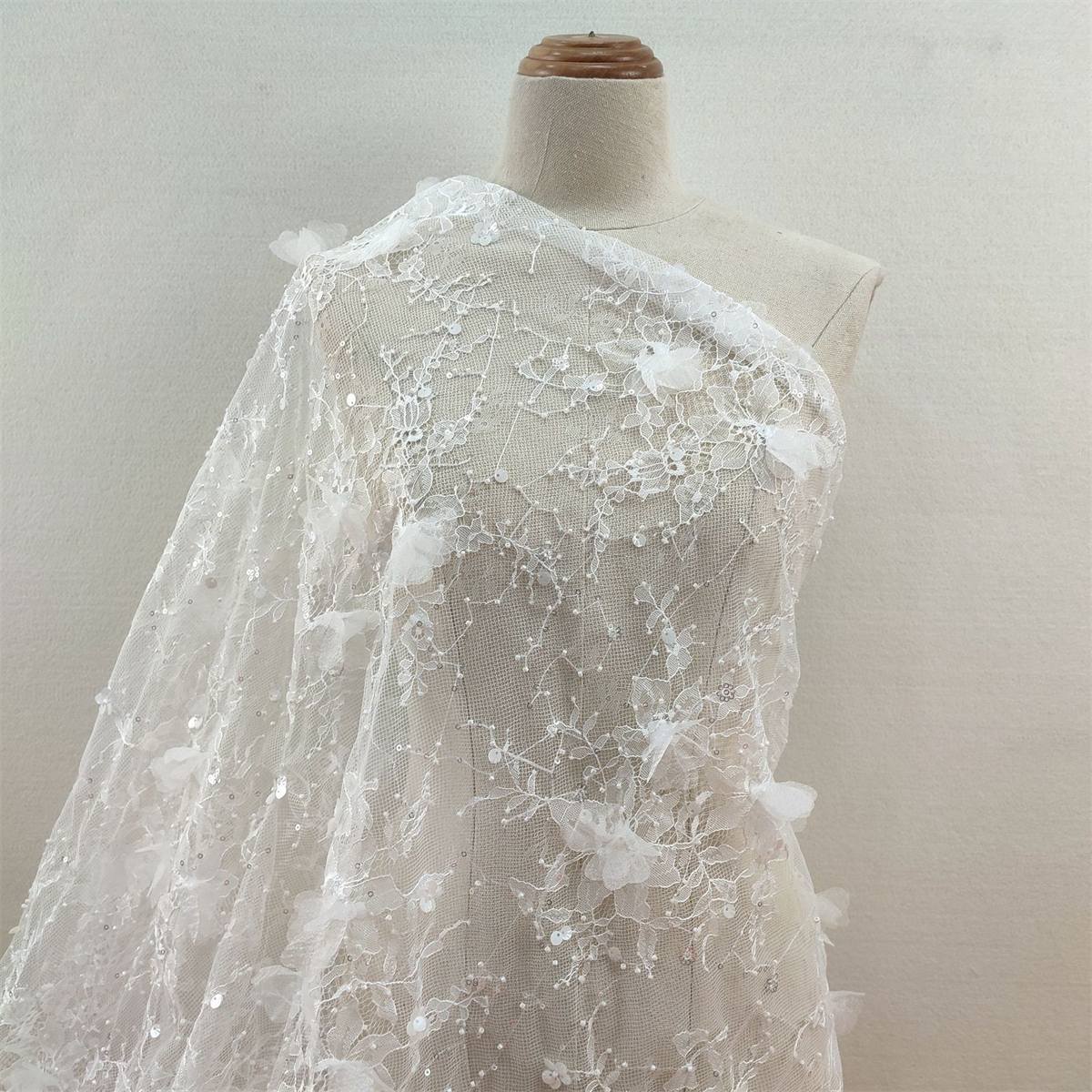 Bridal Lace Fabric - 5 Yards - Beaded Chantilly Wedding Lace Fabric | COD JS007