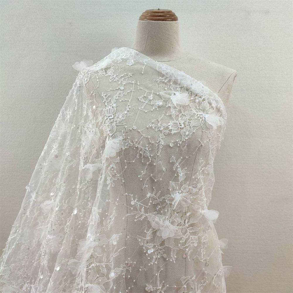 Bridal Lace Fabric - 5 Yards - Beaded Chantilly Wedding Lace Fabric | COD JS007