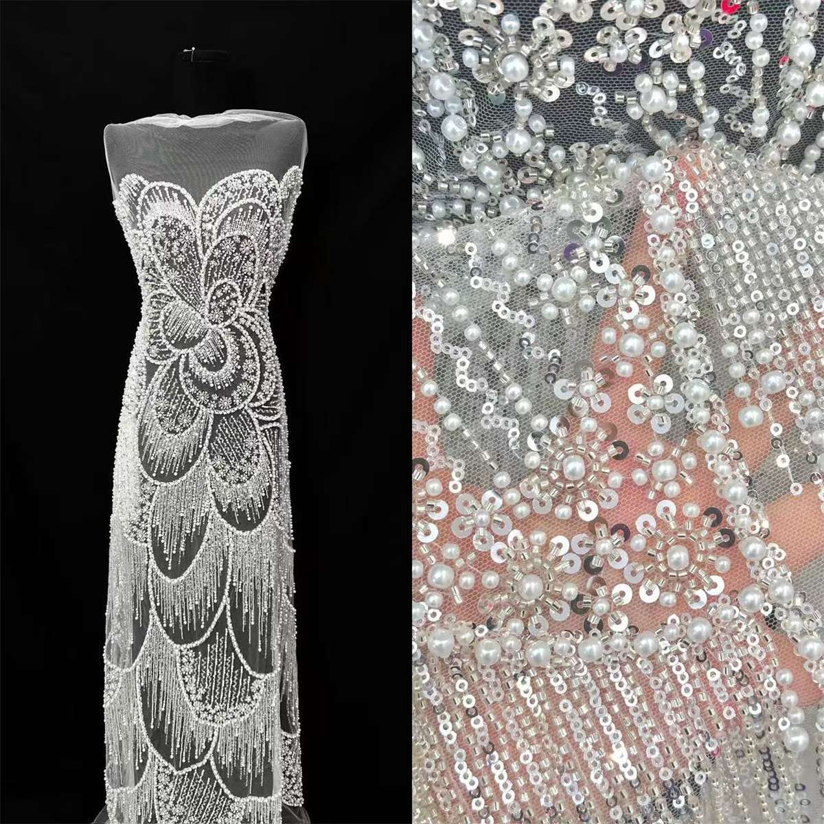 Bridal Lace Fabric - 5 Yards - Beaded Wedding Lace Fabric | COD HN150