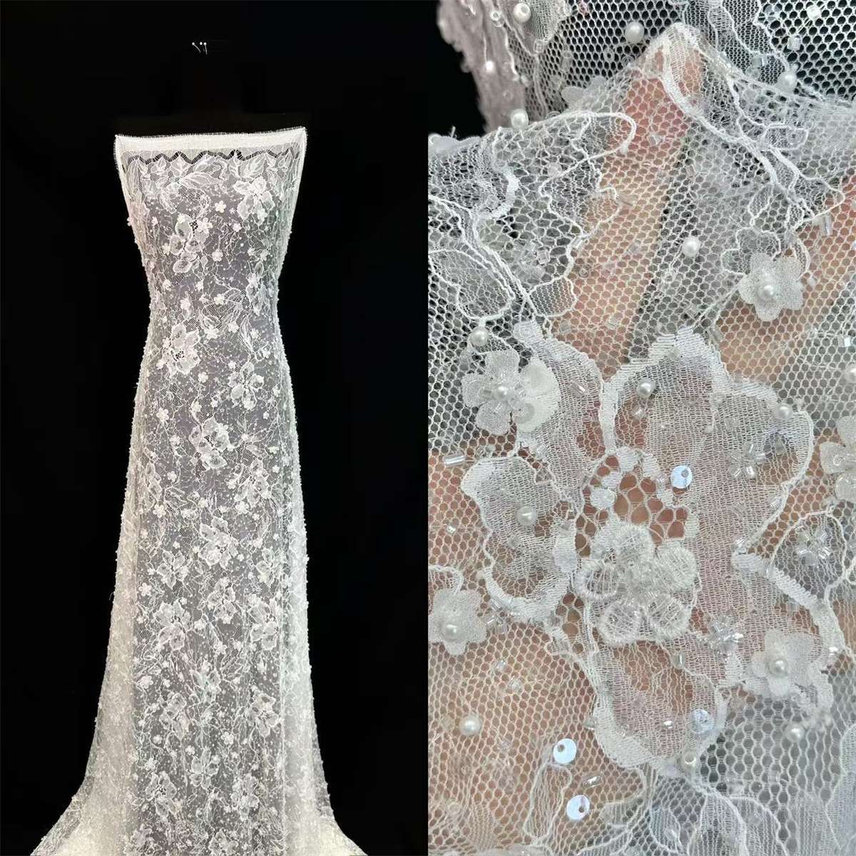 Bridal Lace Fabric - 3 Meters - Beaded 3D Floral Chantilly Wedding Lace Fabric | COD HN183