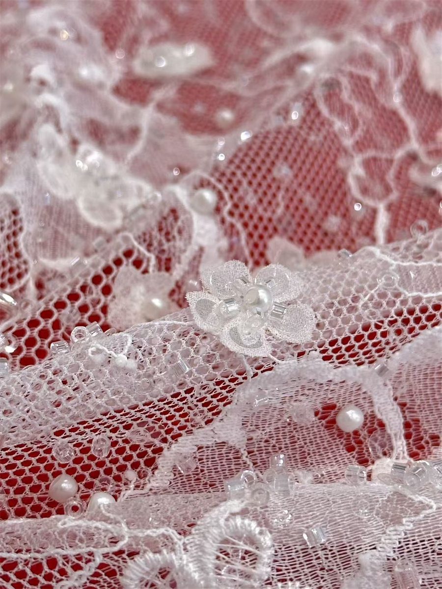Bridal Lace Fabric - 3 Meters - Beaded 3D Floral Chantilly Wedding Lace Fabric | COD HN183