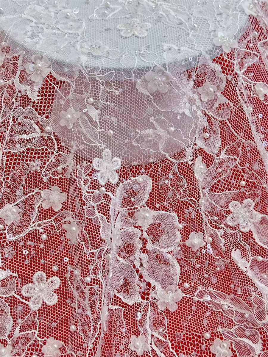 Bridal Lace Fabric - 3 Meters - Beaded 3D Floral Chantilly Wedding Lace Fabric | COD HN183