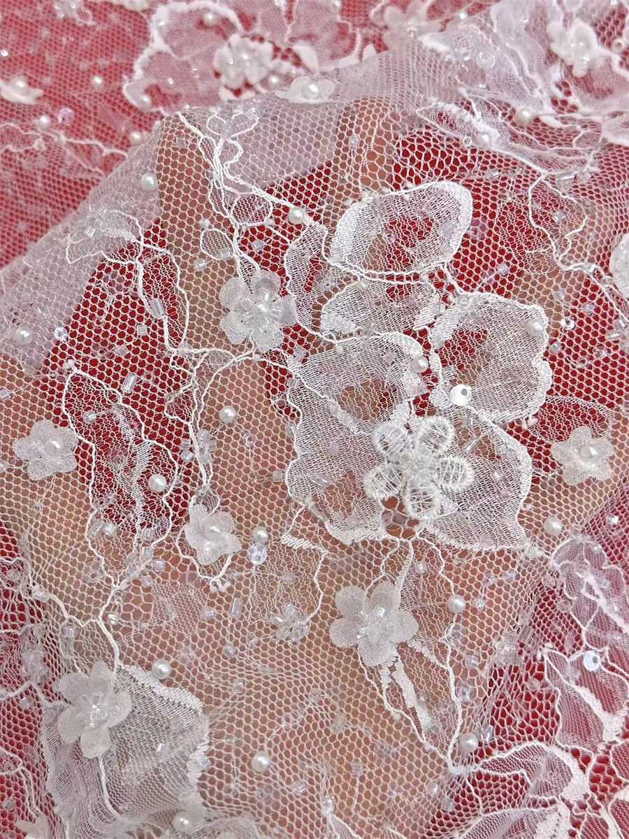 Bridal Lace Fabric - 3 Meters - Beaded 3D Floral Chantilly Wedding Lace Fabric | COD HN183