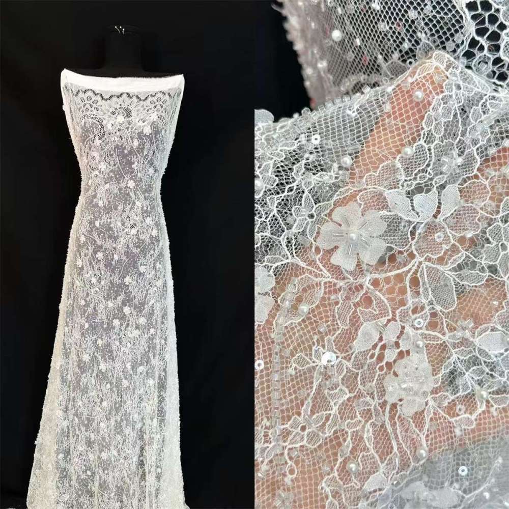 Bridal Lace Fabric - 3 Meters - Beaded Chantilly Wedding Lace Fabric | COD HN186