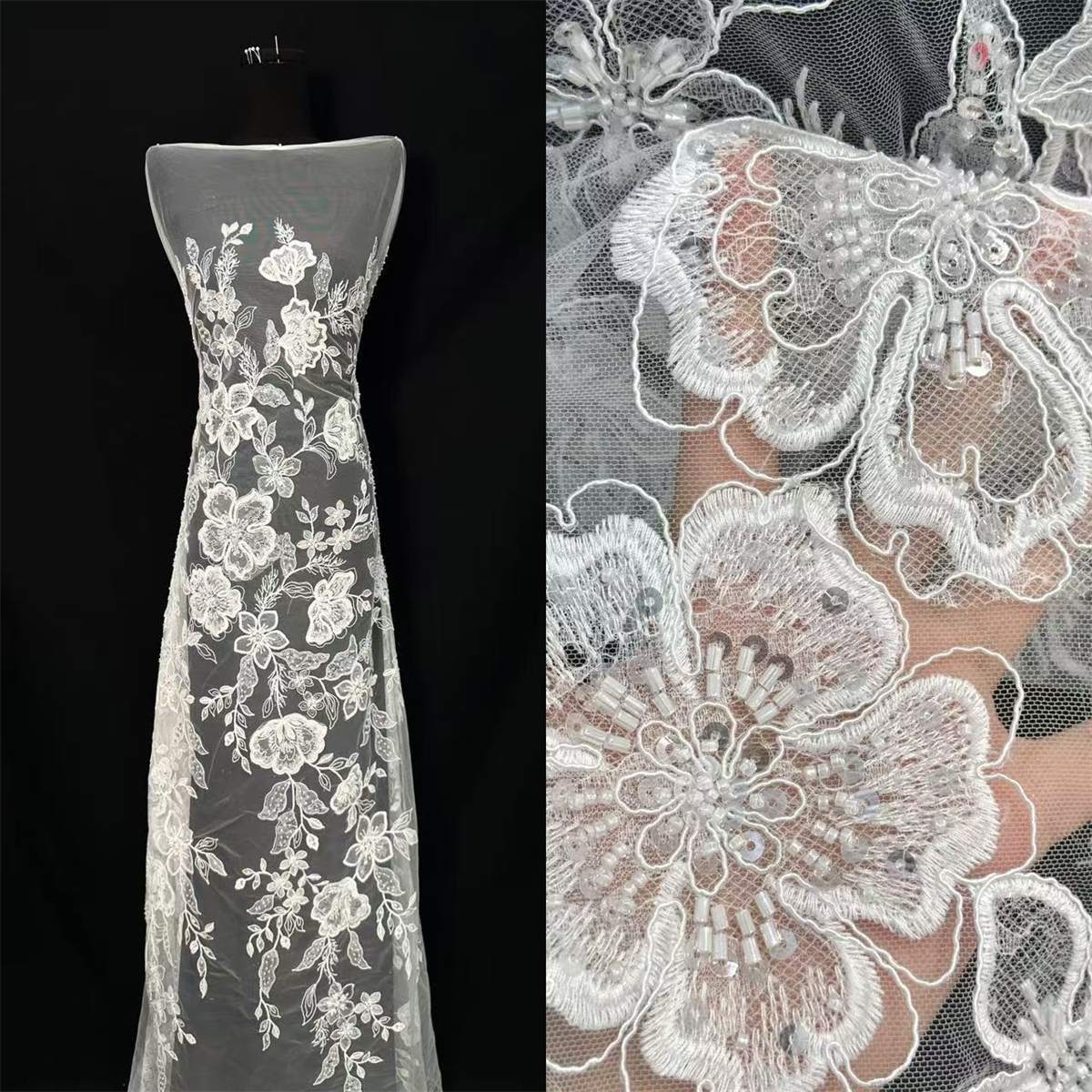 Bridal Lace Fabric - 5 Yards - Corded Beaded Embroidered Wedding Lace Fabric | COD HN200