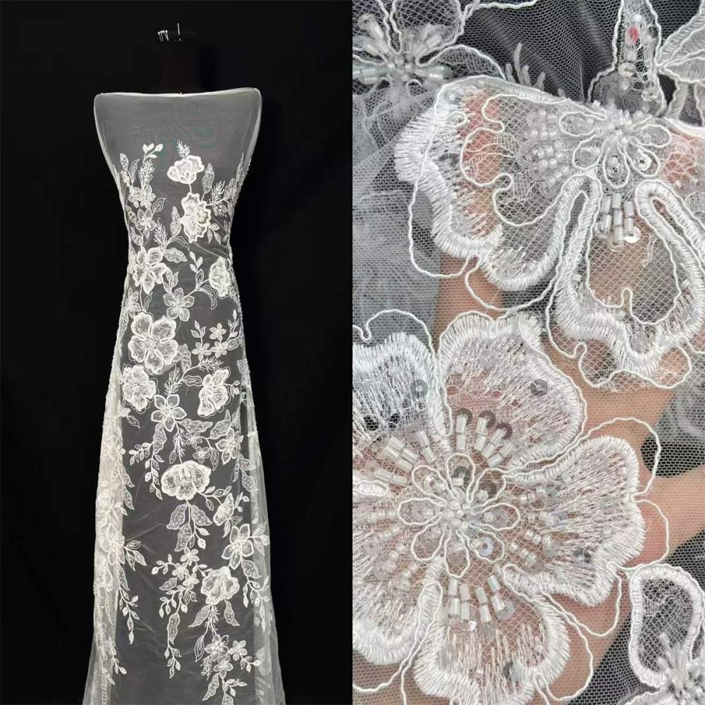 Bridal Lace Fabric - 5 Yards - Corded Beaded Embroidered Wedding Lace Fabric | COD HN200