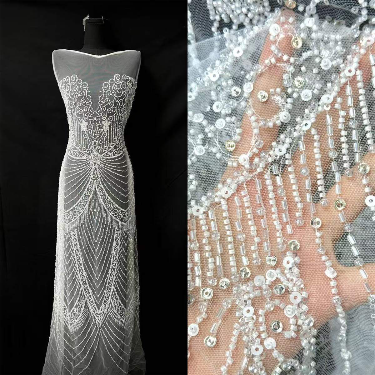 Bridal Lace Fabric - 5 Yards - Embellished with Rhinestones | COD HN208