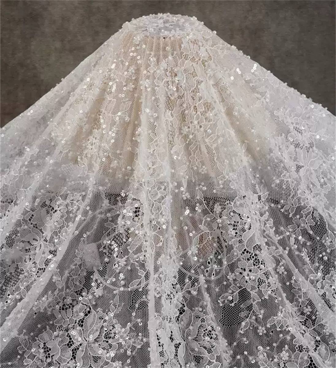 Beaded Lace Fabric - 3 Meters - Beaded Chantilly Wedding Lace Fabric | COD ZT144