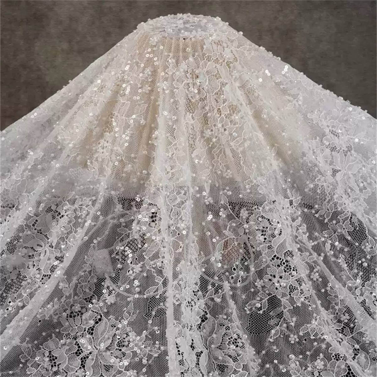 Beaded Lace Fabric - 3 Meters - Beaded Chantilly Wedding Lace Fabric | COD ZT144