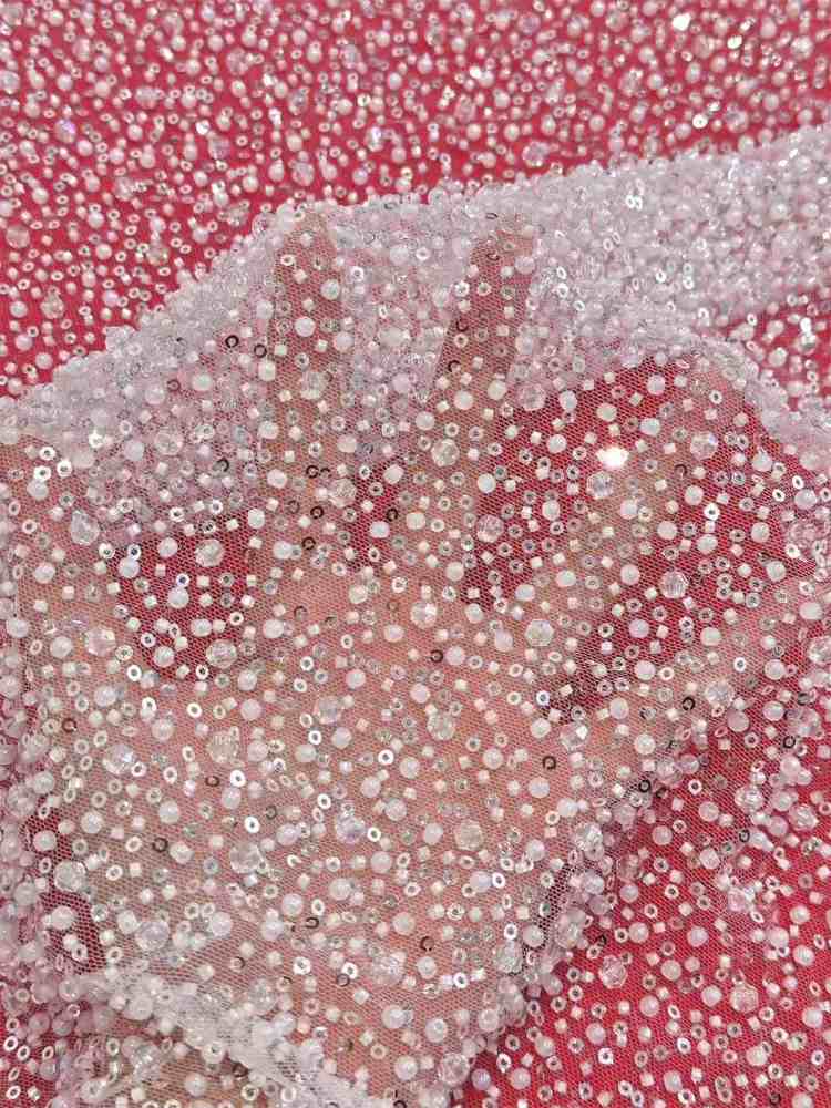 Embellished Beaded Tulle Lace Fabric With Beads, Crystals | HN245