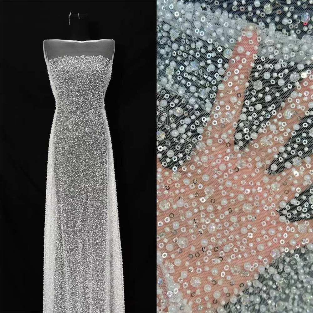 Embellished Beaded Tulle Lace Fabric With Beads, Crystals | HN245