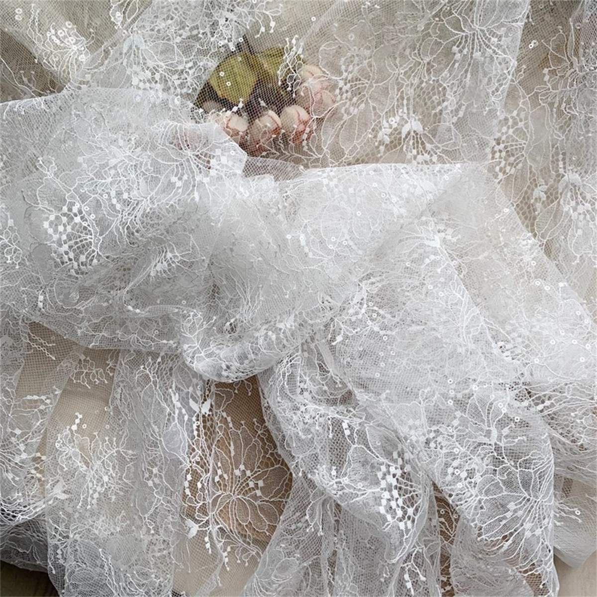 5 Yards Sequin Chantilly Lace Fabric – Luxury Wedding, Bridal, Party Gown and Evening Dress Material | Love in Lace | NO. TLF007