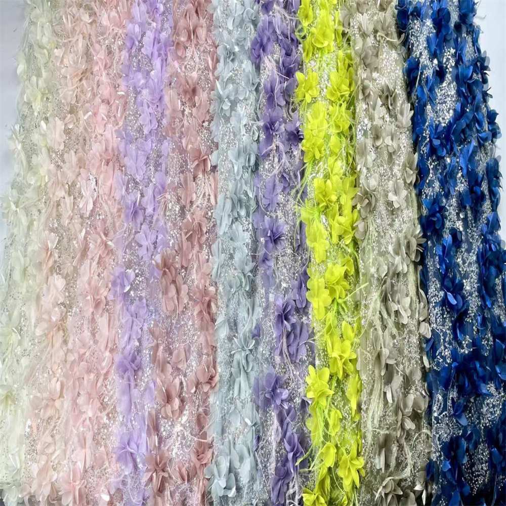 Beaded Tulle Feather 3D Floral Fabric - 5 Yards | HY001