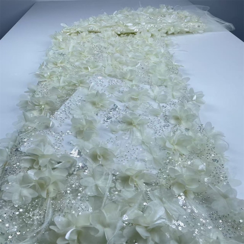Beaded Tulle Feather 3D Floral Fabric - 5 Yards | HY001