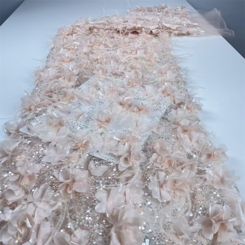 Beaded Tulle Feather 3D Floral Fabric - 5 Yards | HY001
