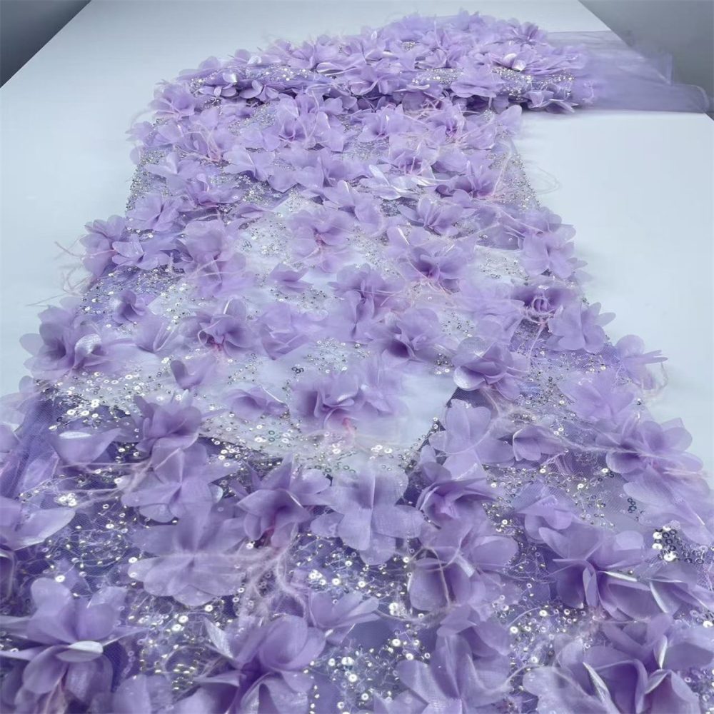 Beaded Tulle Feather 3D Floral Fabric - 5 Yards | HY001