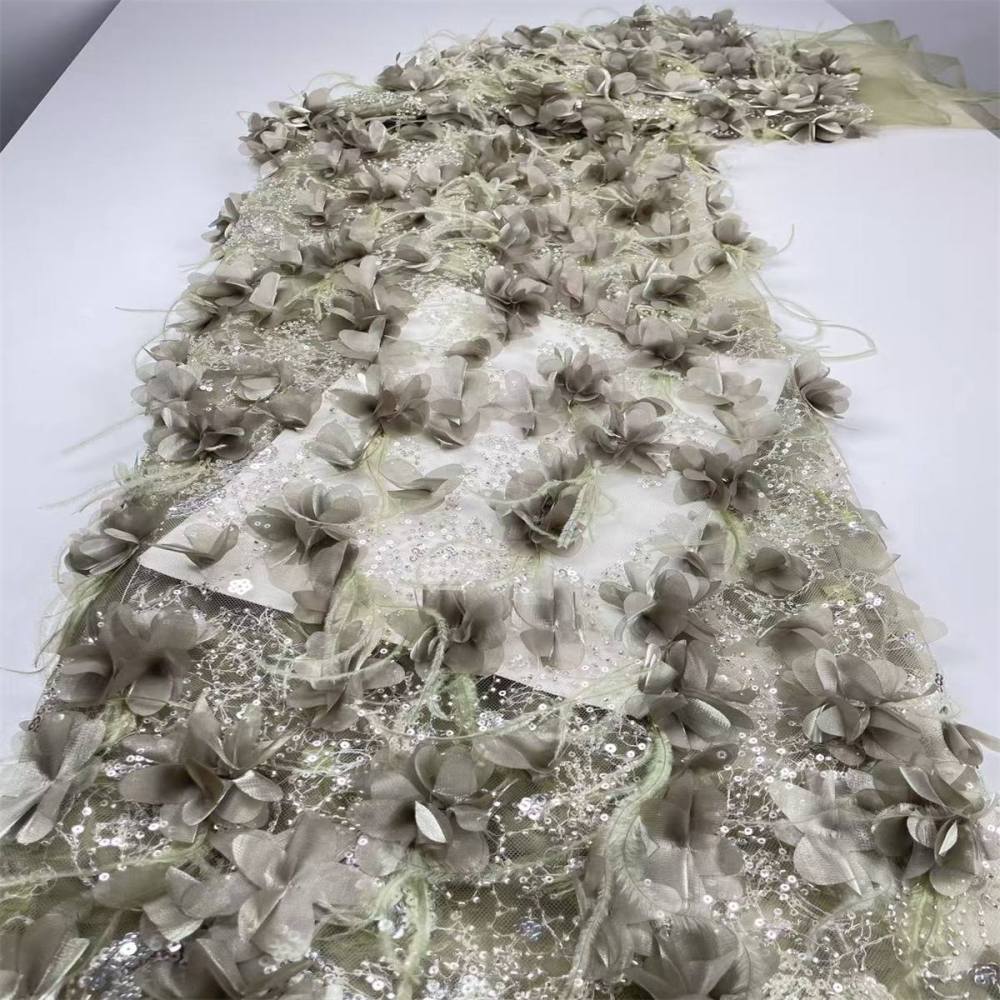 Beaded Tulle Feather 3D Floral Fabric - 5 Yards | HY001