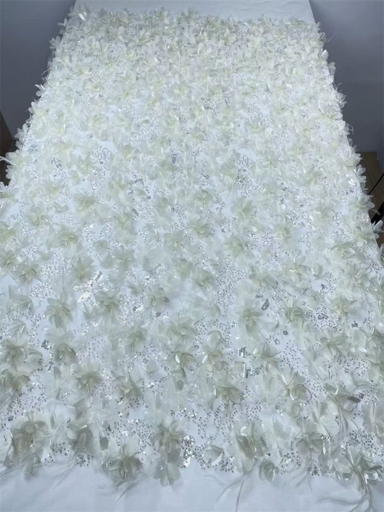 Beaded Tulle Feather 3D Floral Fabric - 5 Yards | HY001