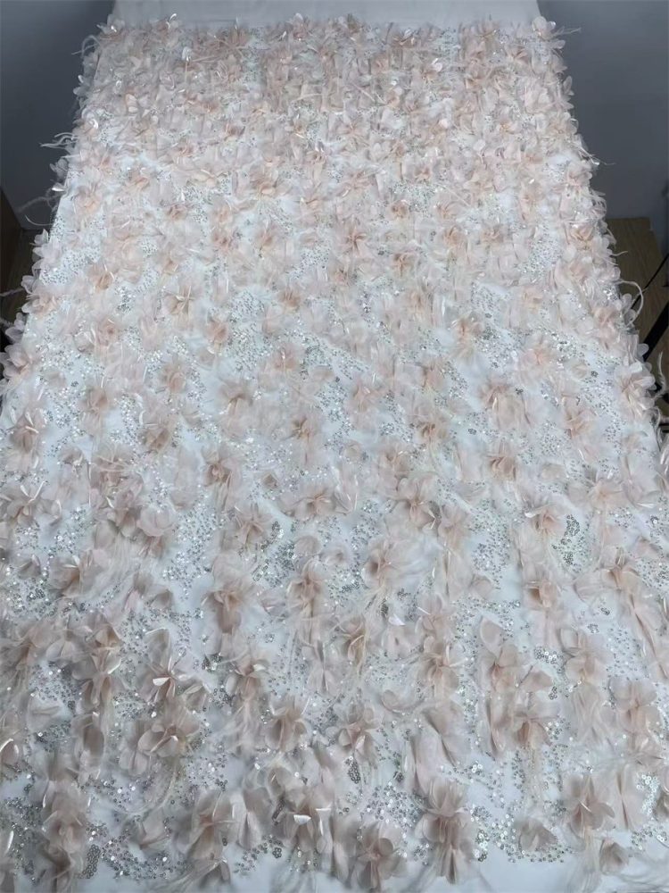 Beaded Tulle Feather 3D Floral Fabric - 5 Yards | HY001