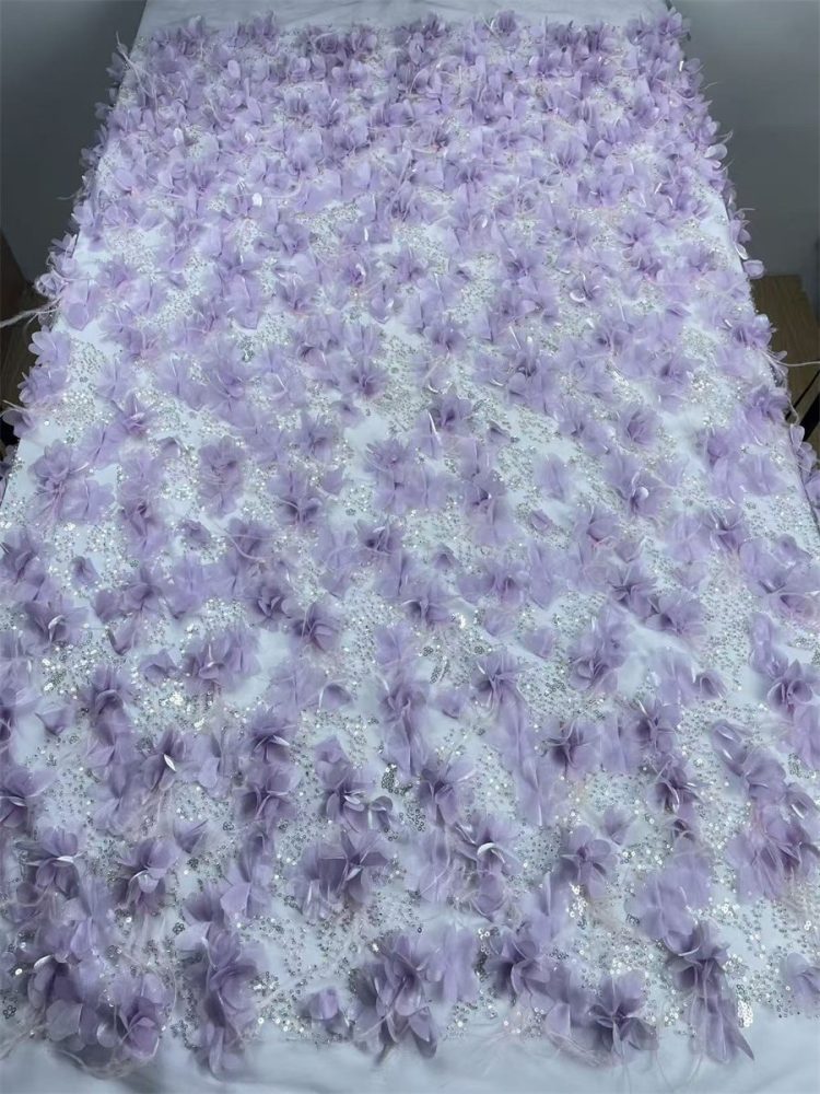 Beaded Tulle Feather 3D Floral Fabric - 5 Yards | HY001