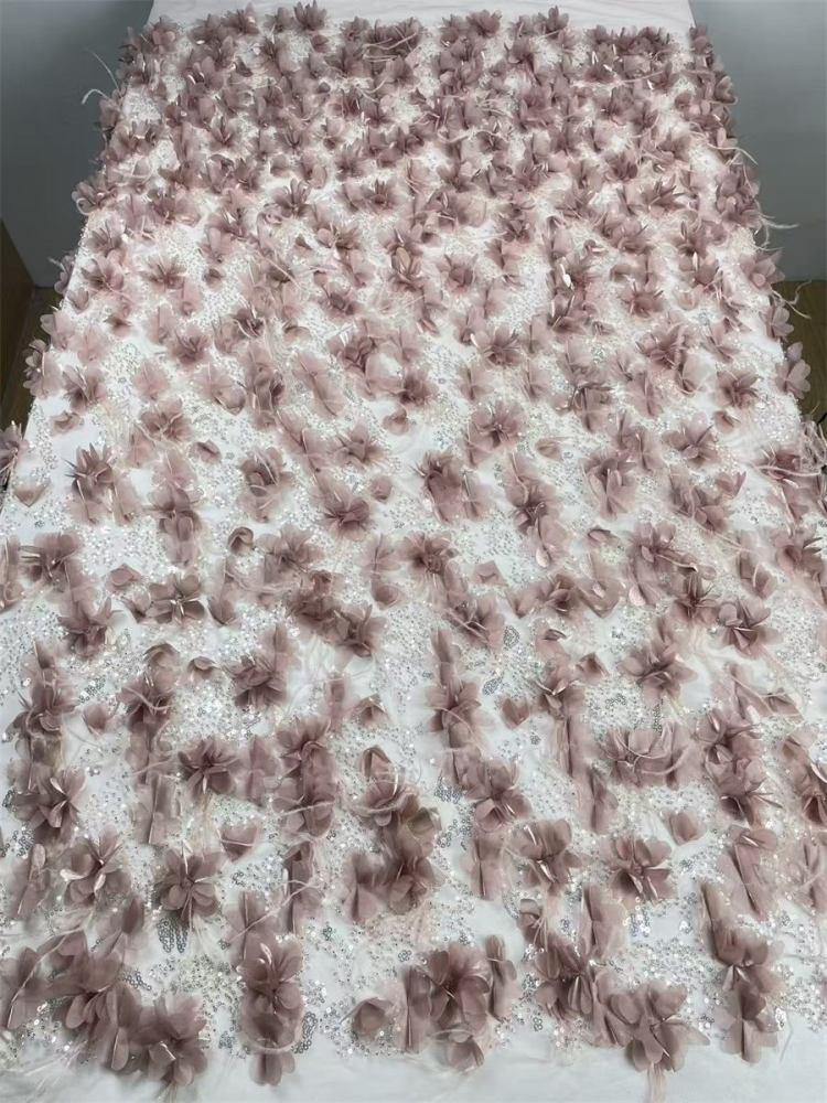 Beaded Tulle Feather 3D Floral Fabric - 5 Yards | HY001