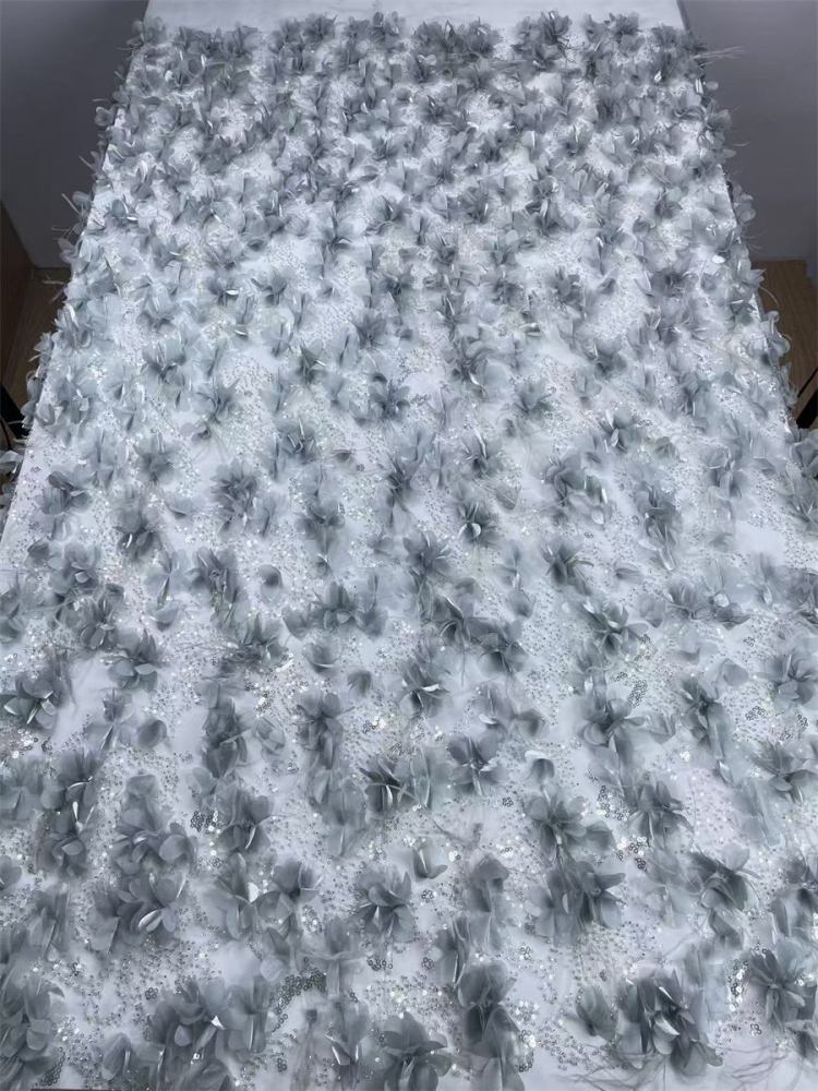 Beaded Tulle Feather 3D Floral Fabric - 5 Yards | HY001