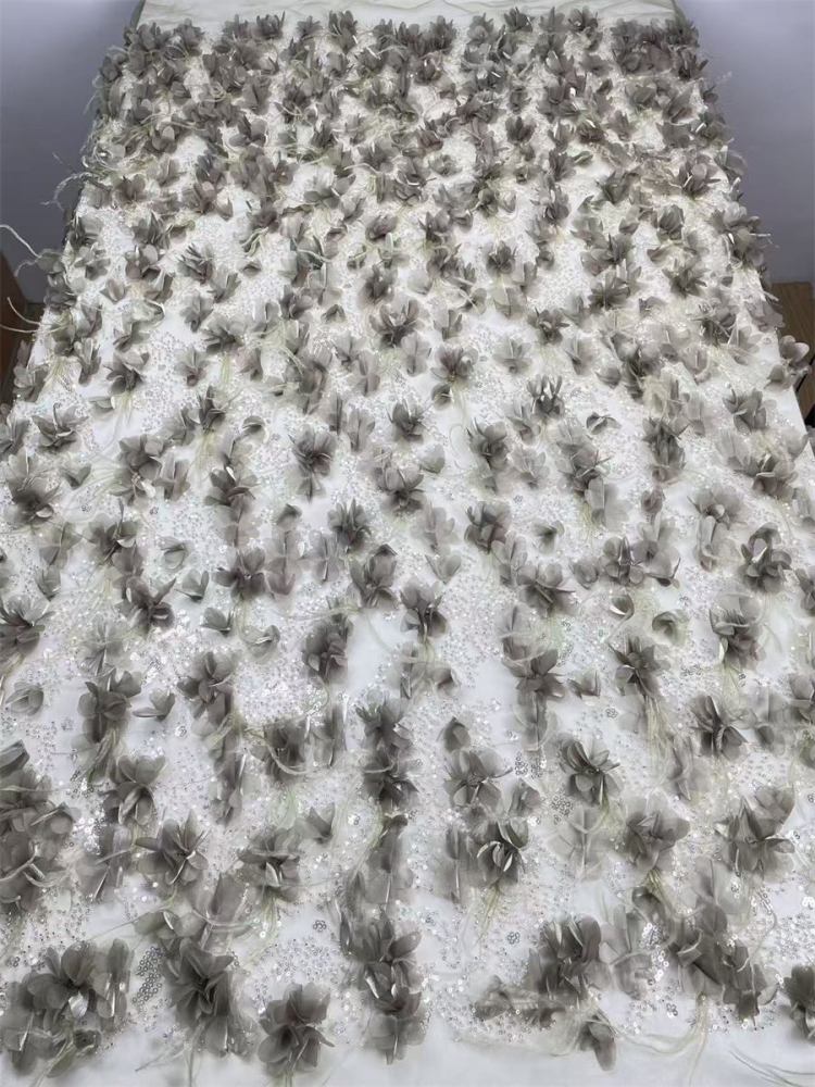 Beaded Tulle Feather 3D Floral Fabric - 5 Yards | HY001