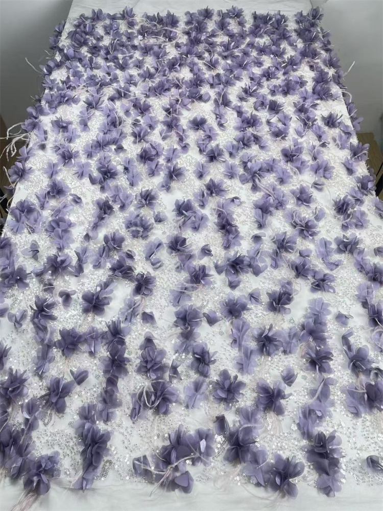 Beaded Tulle Feather 3D Floral Fabric - 5 Yards | HY001