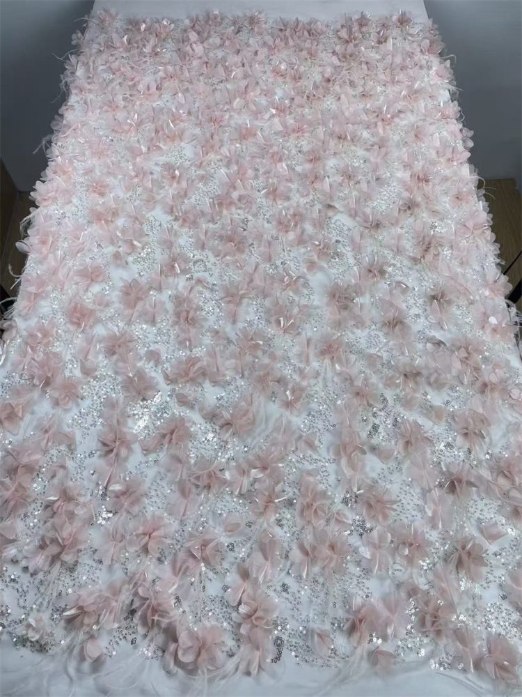 Beaded Tulle Feather 3D Floral Fabric - 5 Yards | HY001