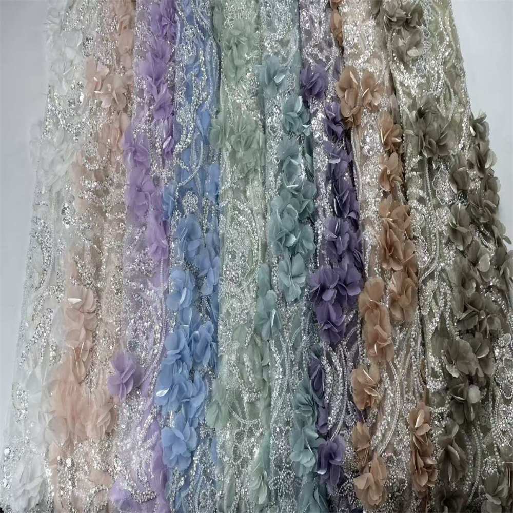 Beaded Tulle Feather 3D Floral Fabric - 5 Yards | HY002