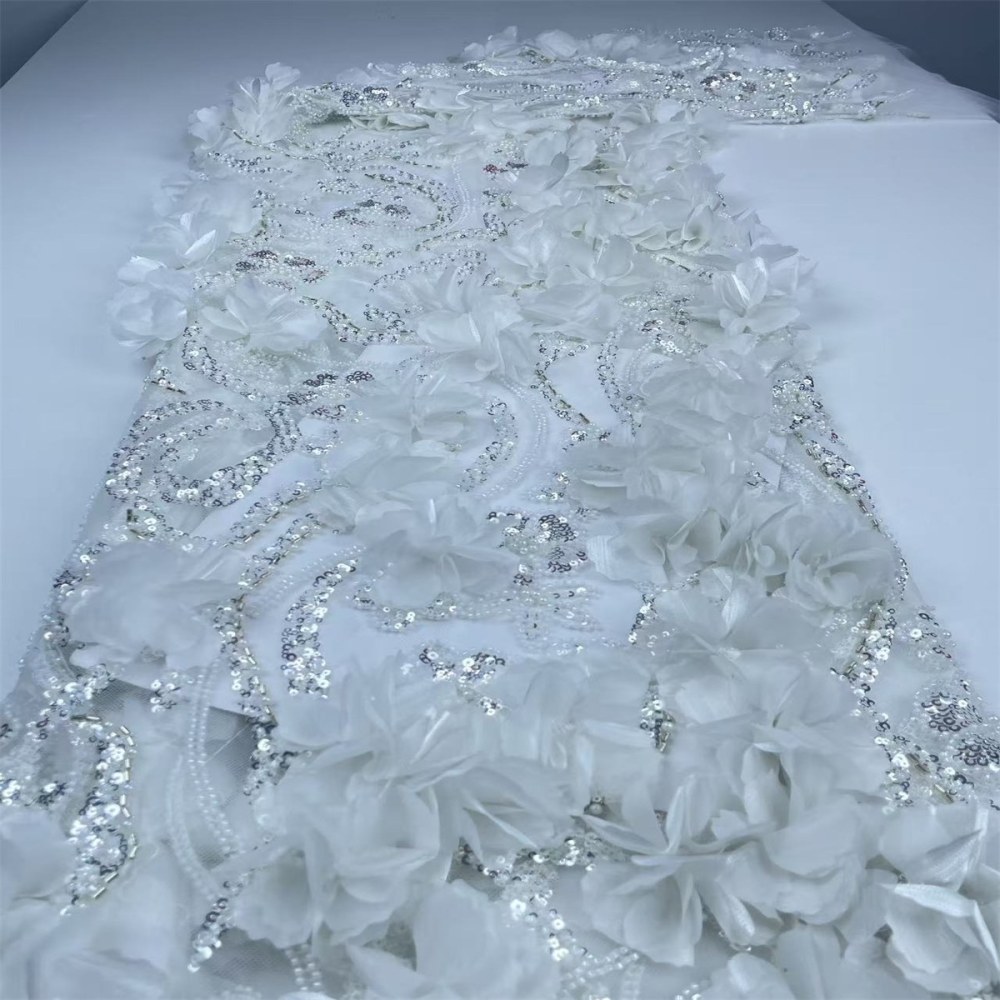 Beaded Tulle Feather 3D Floral Fabric - 5 Yards | HY002