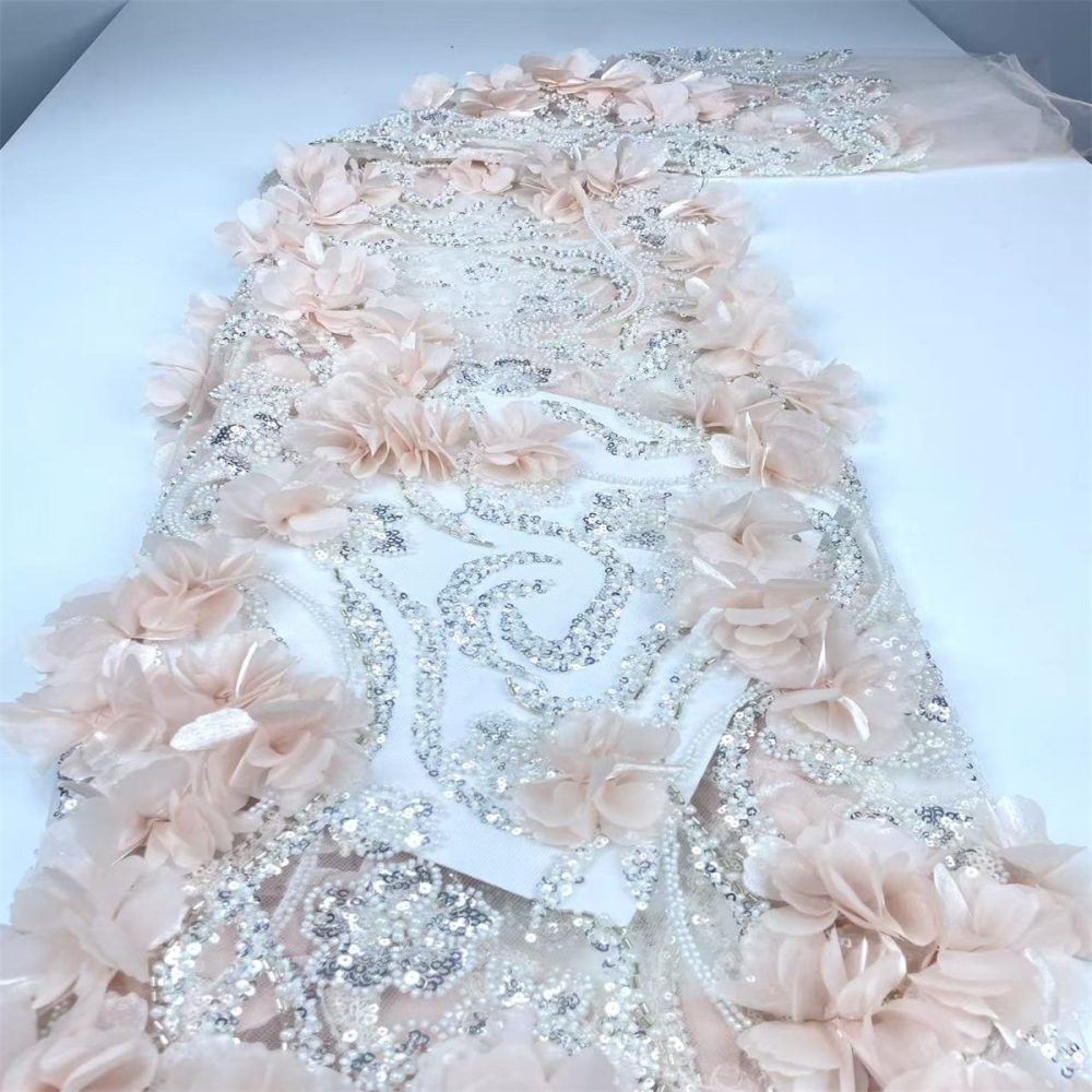 Beaded Tulle Feather 3D Floral Fabric - 5 Yards | HY002