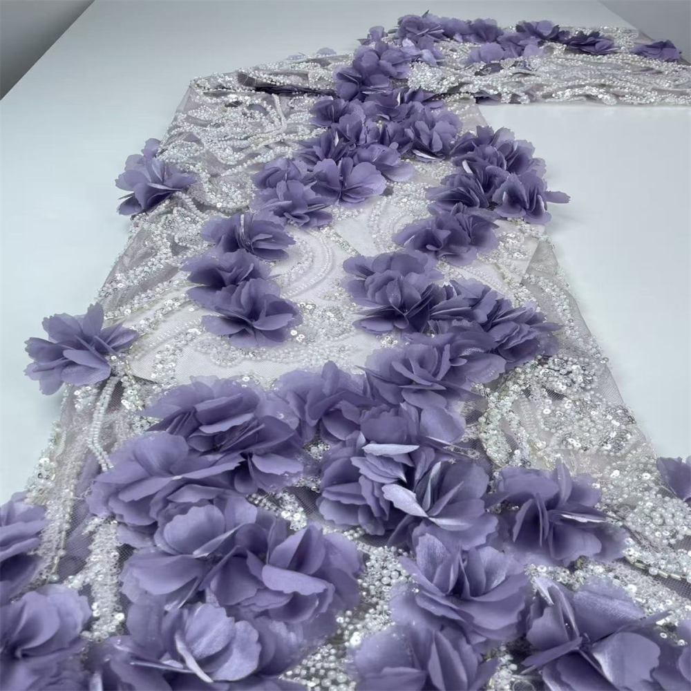Beaded Tulle Feather 3D Floral Fabric - 5 Yards | HY002