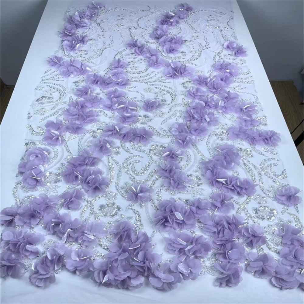 Beaded Tulle Feather 3D Floral Fabric - 5 Yards | HY002