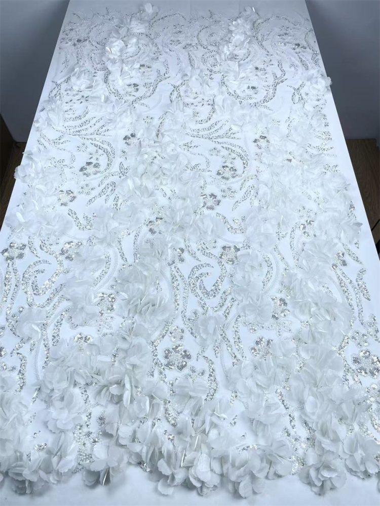 Beaded Tulle Feather 3D Floral Fabric - 5 Yards | HY002