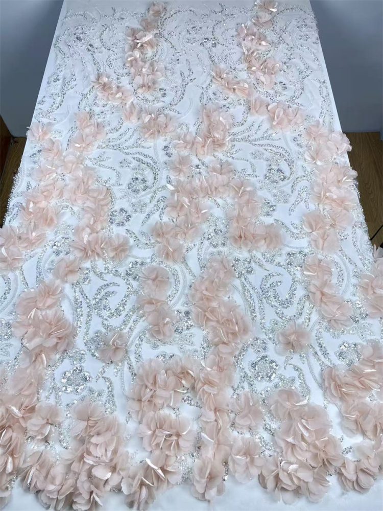 Beaded Tulle Feather 3D Floral Fabric - 5 Yards | HY002
