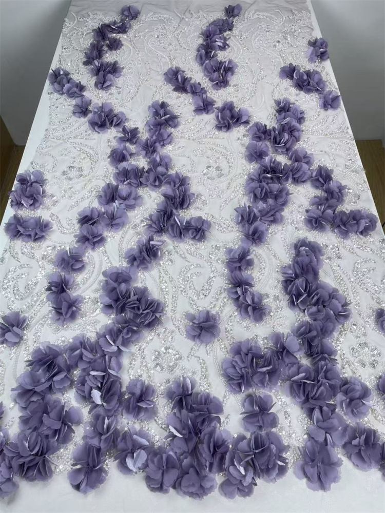 Beaded Tulle Feather 3D Floral Fabric - 5 Yards | HY002