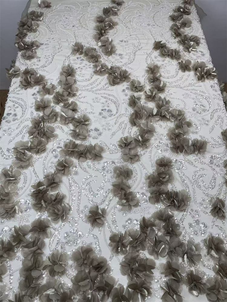 Beaded Tulle Feather 3D Floral Fabric - 5 Yards | HY002