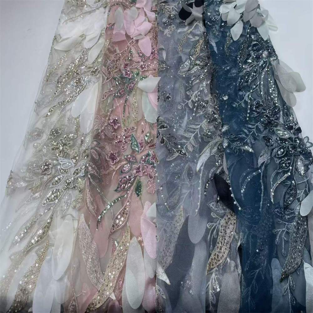 Beaded Tulle Feather 3D Floral Fabric - 5 Yards | HY003